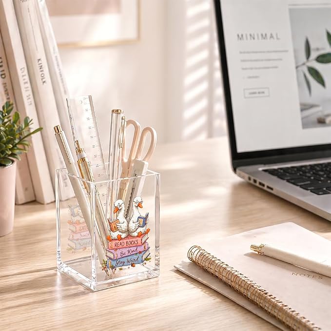 Funny Read Books Be Kind Stay Weird Acrylic Pencil Holder Cup | Goose Bookmark Holder for Librarian Teacher Reader Bookish Bookworm Book Club, Inspirational Desk Organizer for Book Lover