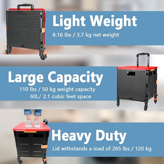 Quick Utility Cart Folding Portable Rolling Crate Handcart with Durable Heavy Duty Plastic Telescoping Handle Collapsible 4 Rotate Wheels for Travel Shopping Moving Luggage Office Use (Black&red lid)