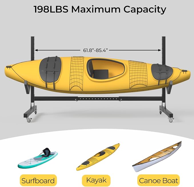 Freestanding Adjustable Kayak Storage Rack, 1 Side Kayak Bracket, Durable Kayak Rack with Lockable Wheels for Indoor, Outdoor, Garage, Shed, Dock