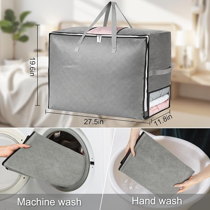 4 Pack 105L Extra Large Comforter Storage Bag, Foldable Bedding Storage Blanket Moving Bags for Clothes Pillows Sweater Dorm, Linen Closet Organizers with 4 Handles & 3 Clear Windows, Grey