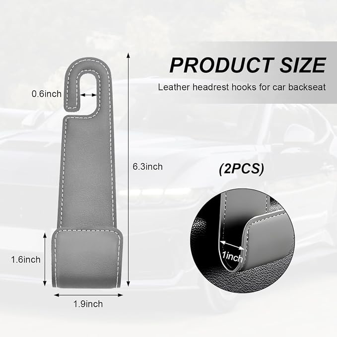 2 PCS Car Seat Headrest Hooks, Microfiber Leather Hanger Holder Hook for Hanging Purse and Bag, Universal Vehicle Back Seat Organizer Hook for Grocery Bag Handbag Coat (Gray)