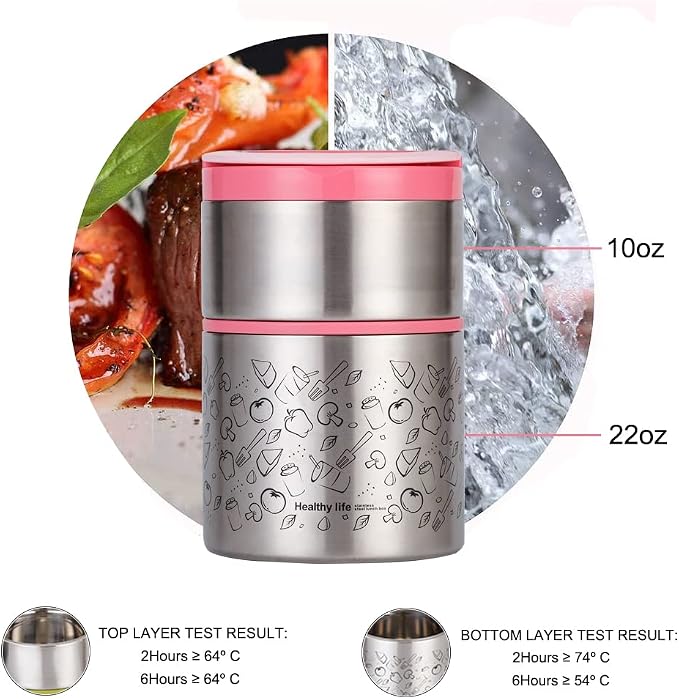 Lille Home 2 Tier Vacuum Insulated Stainless Steel Thermal Lunch Box,32OZ | 2 Tier Bento Food Container with Lunch Bag, Leakproof Wide Mouth Bento Box for Cold/Warm Food, Portion Control, Pink