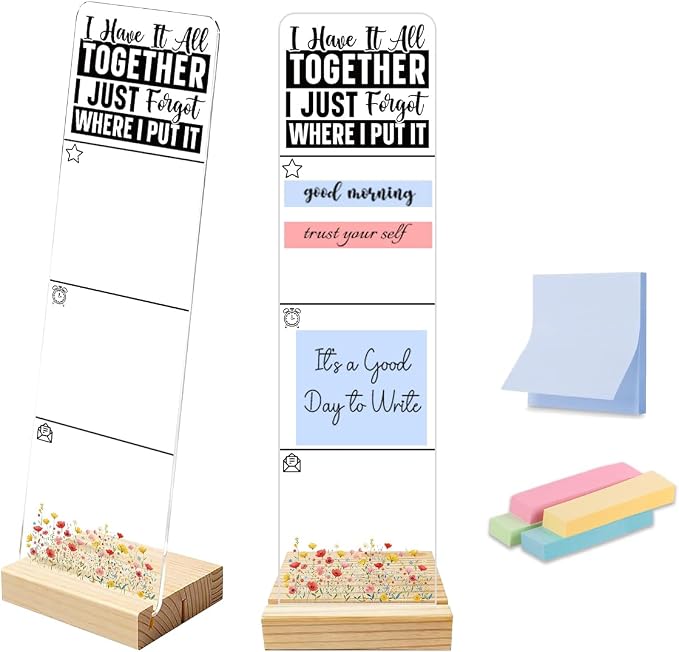 Sticky Note Holder, Monitor Memo Board, Acrylic Post It Note Holder with Wooden Base, Includes 200 Notes, Desk Organizer Funny Forgetful Quote