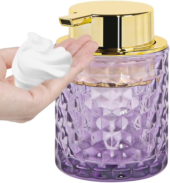 10 Oz Glass Hand Soap Dispenser with Pump, Refillable Bathroom Gold Foaming Soap Dispenser, Vintage Glass Diamond Lotion Container Bottle for Bathroom and Kitchen (1, Purple and Gold)