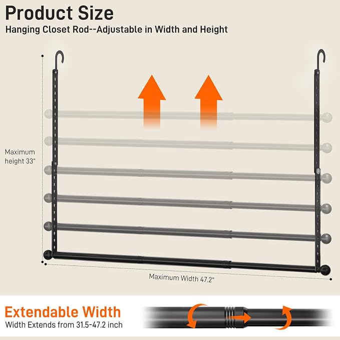 SUTINE Closet Rods for Hanging Clothes, Adjustable Metal Closet Extender Hanging Rod, Space-Saving Closet Rod Extender Clothes Hanging Bar, Closet Poles for Hanging Clothes (Black, 31.5-47.2 IN)