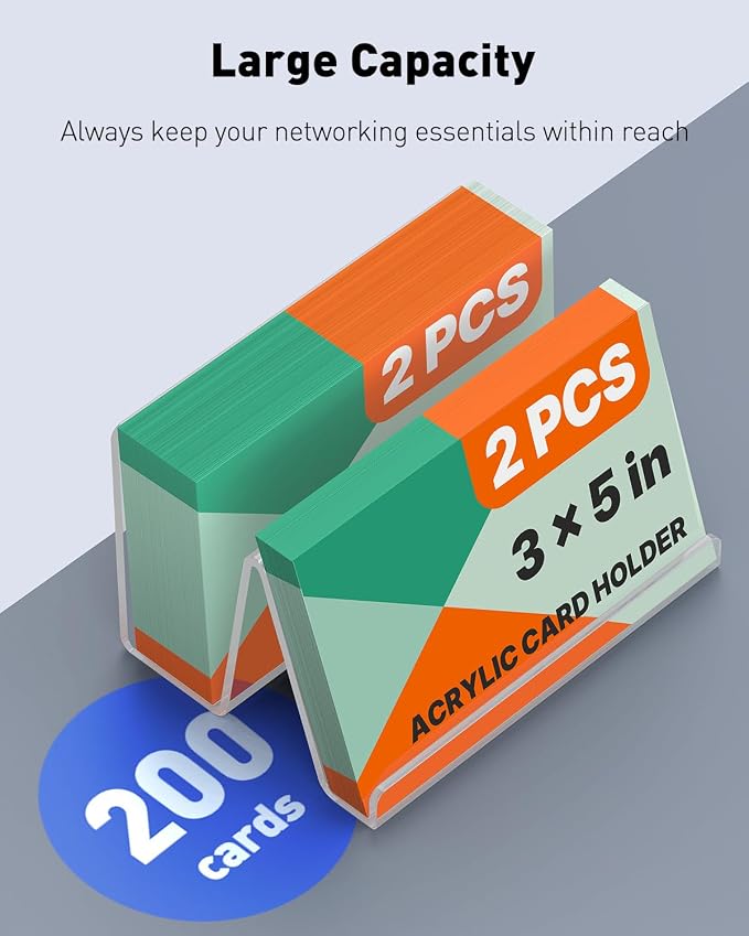 Uniclife 2 Pack 3x5 Clear Acrylic Index Card Holder, 200 Card Capacity | 5" x 3.2" x 3.2" Index Card Display Stand, Index Card Organizer, Postcard Holder, Horizontal Business Card Holder for Desk