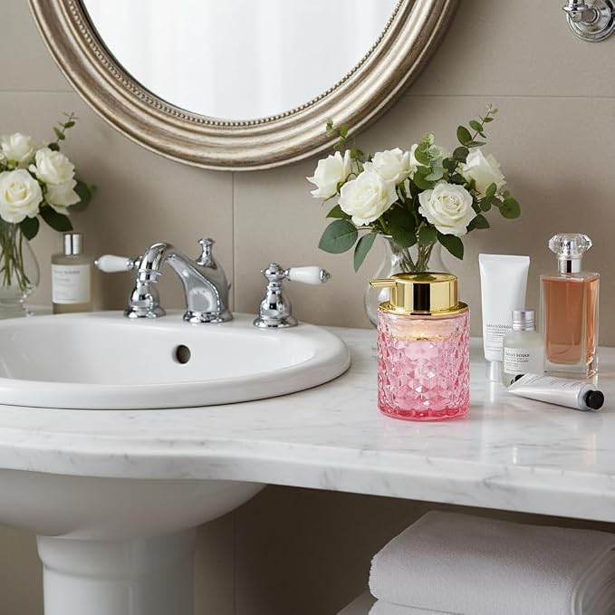 10 Oz Glass Hand Soap Dispenser with Pump, Refillable Bathroom Gold Foaming Soap Dispenser, Vintage Glass Diamond Lotion Container Bottle for Bathroom and Kitchen (1, Pink and Gold)