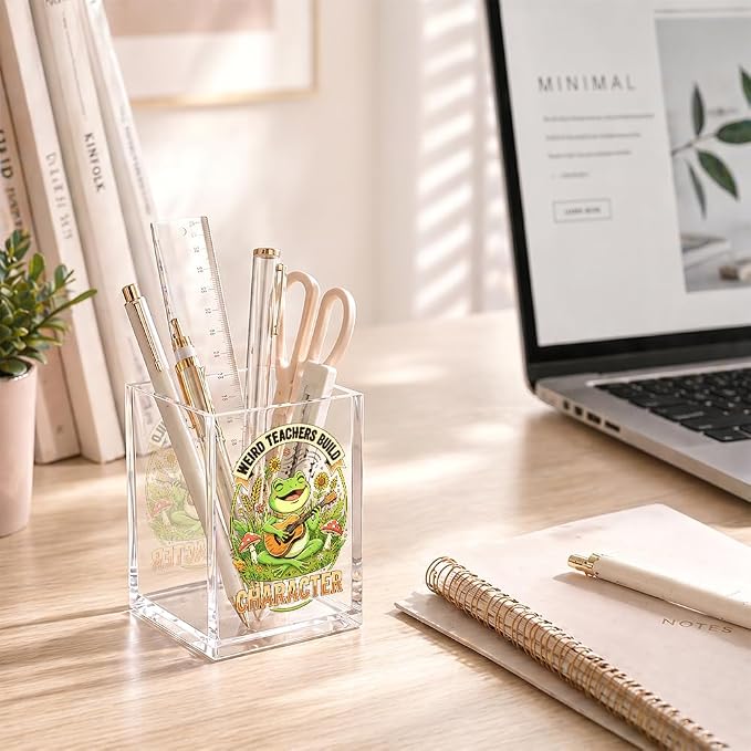 Funny Weird Teachers Build Character Acrylic Pencil Holder Cup | Frog Teacher Pen Holder for Teacher School Frog Lover Counselor Coworker, Appreciation Teachers Day Gifts, Desk Accessories