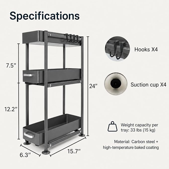 3-Tier Countertop Organizer, Pull Out Spice Rack, Transforming a Cramped, Unusable Space Into a Storage Area, With Suction Cup Feet and 4 Hooks, For Tall Bottles, Condiments and Spices