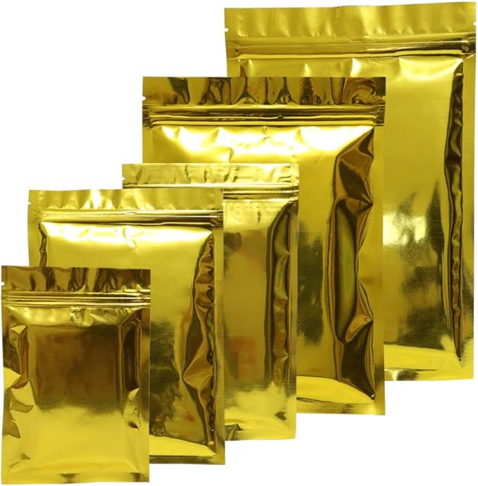 100PCS Customized Resealable Mylar Bag Foil Flat Packaging Bag with Tear Notch,Single-Color Printing for LOGO,QR Code,Text (Gold, 10 * 15CM/4.0"*6.0"-100PCS-One Color Print)