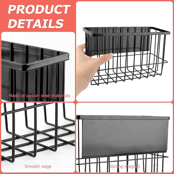 Magnetic Basket Organizers, Dryer Ball Holder Laundry Room Organization Whiteboard Metal Wire Basket with Hooks, Space-Saving Fridge Spice Rack for Sponge Recipe Wrap