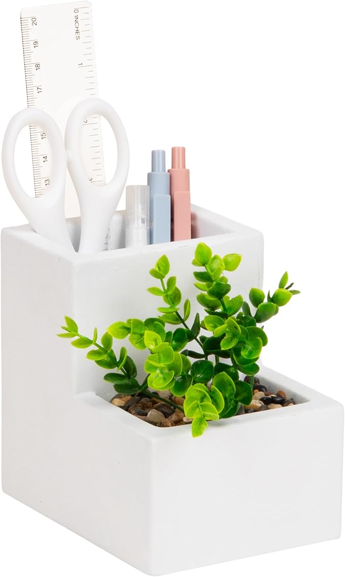 Mind Reader Ceramic Desktop Planter Pencil Cup, Desk Organizer with Faux Succulent, White