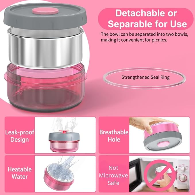Lille Home Stainless Steel Thermal Lunch Box Set with Lunch Bag and Cultery | 22 Oz Vacuum Insulated Lunch Bento Box, to Keep Food Warm/Cool, 2 Small Food Container for Snack, Fruits and Sauces (Pink)