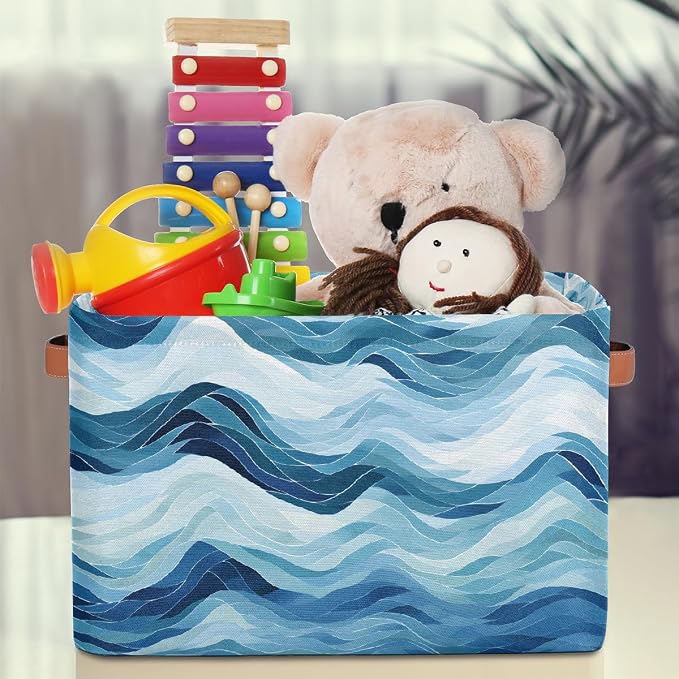 Rectangular Storage Bins Abstract Blue Waves Collapsible Fabric Storage Basket Organizer with Handles for Nursery Bedroom Bathroom