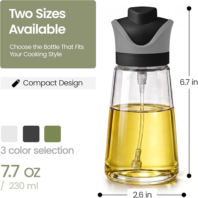 Olive Oil Dispenser for Kitchen 2-in-1 Pour and Spray | 7.7 oz / 230 ml | Glass Olive Oil Sprayer for Cooking, Airfryer, Salad & BBQ | Set of 2 Bottles, Black