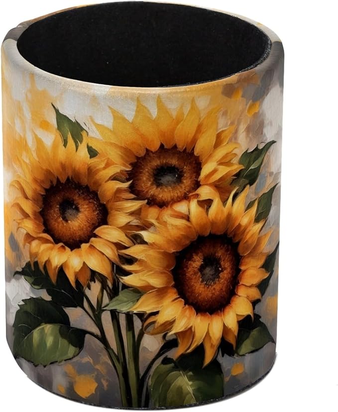 Retro Sunflowers Pattern Pen Holder Pencil Organizer for Desk, 3.1” x 3.1” x 3.9” Pencil Cup Office Supplies, Large Capacity Cute Pen and Makeup Brush Holder for Home, School, Desktop
