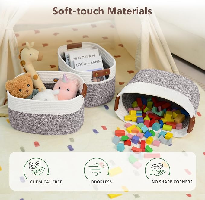 ECDYQXVU 15x10x9 Woven Cotton Rope Storage Basket, Leather Handles 1 Pack | Foldable Design, Sturdy PU Handles, Easy to Clean Organizer for Living Room, Closet, Shelves, Bedroom, Laundry, Clothes
