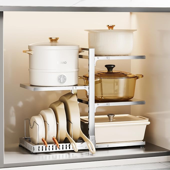 PureBox Pots and Pans Organizer Rack with Lid Holder – 8 pots, 304 Solid Stainless Steel Shelves Heavy Duty Adjustable Under Cabinet Pot Rack, Double-Sided Cabinet Organizer,Silver