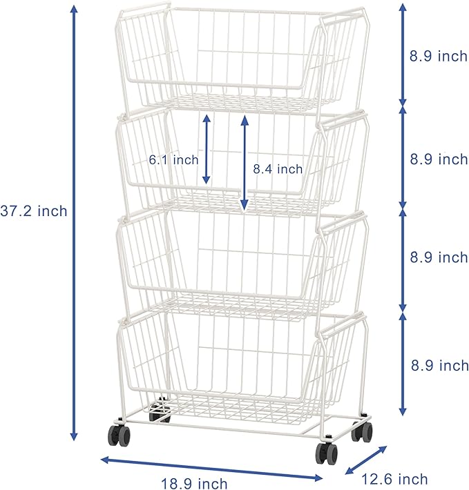PUSDON 4-Tier Large Stackable Wire Storage Baskets with Wheels, Metal Rolling Utility Cart Organizer, Produce Basket for Kitchen Pantry, Floor Shelf, Classic White