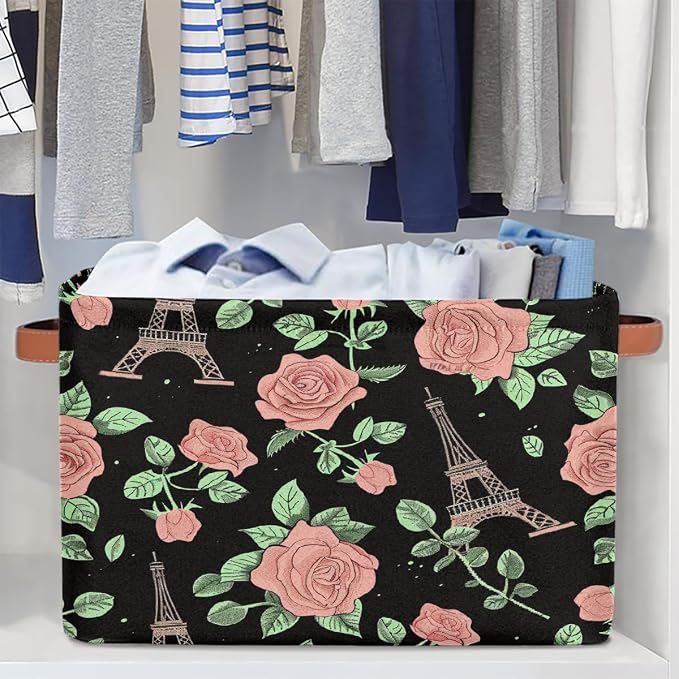 Rectangular Storage Bins Pink Rose Eiffel Tower Pattern Collapsible Fabric Storage Basket Organizer with Handles for Nursery Bedroom Bathroom