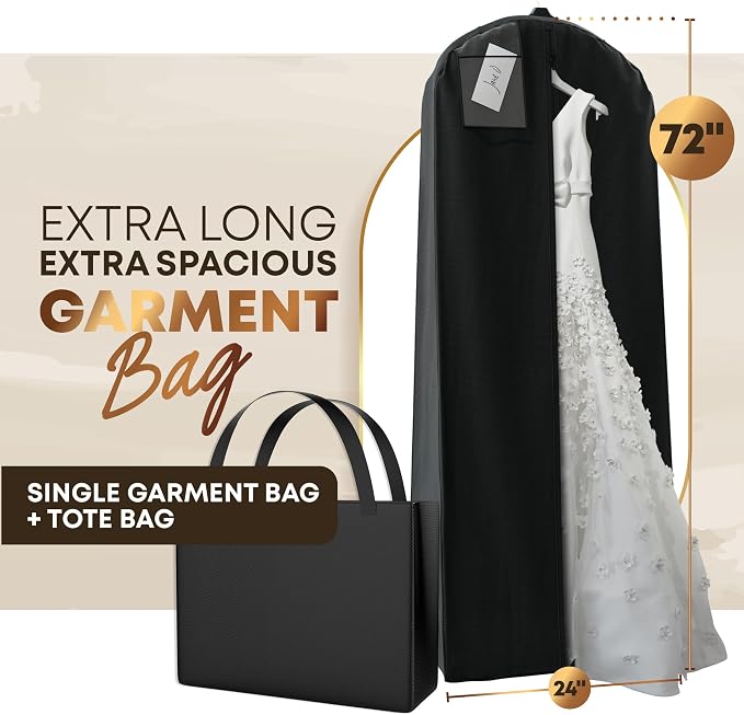 Your Bags Wedding Dress Garment Bag with Matching Tote- Garment Bags for Travel & Hanging Clothes or Storage - 72" Wedding Dress Bag for Gowns Long with 20" Gusset for Puffy Bridal Gowns Cover - Black
