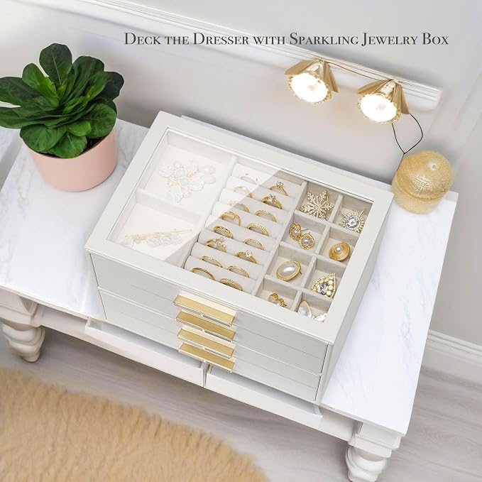 VLANDO 4-Drawer Jewelry Box with Glass Lid, Faux Leather Organizer for Rings Earrings Necklaces and More, Gift-Ready Jewelry Case for Women Girls or Moms, White