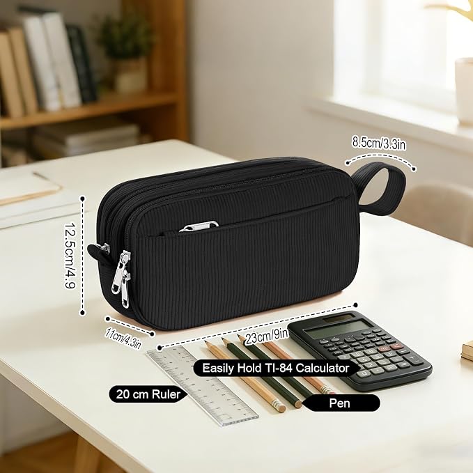 TESAFNG Corduroy Pencil Case, Large Capacity Pencil Pouch with 4 Compartments, Cute Soft Aesthetic Stationery Pen Bag Organizer with Zipper, Portable School Supplies for Teen and Adult Girls, Black