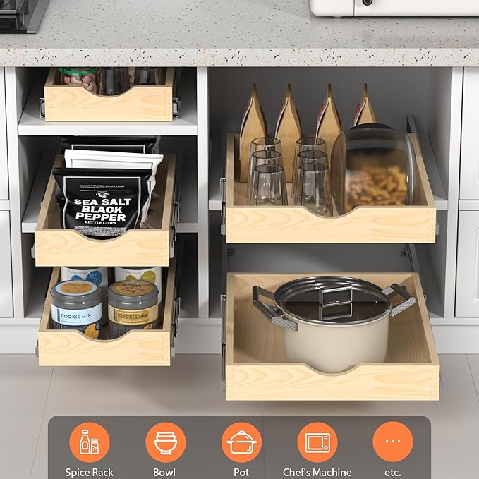 ZOINLIY Wooden Pull Out Cabinet Organizer, Slide Out Drawer for Kitchen Organizers and Storage, Soft Close, Heavy Duty, Fully Expandable