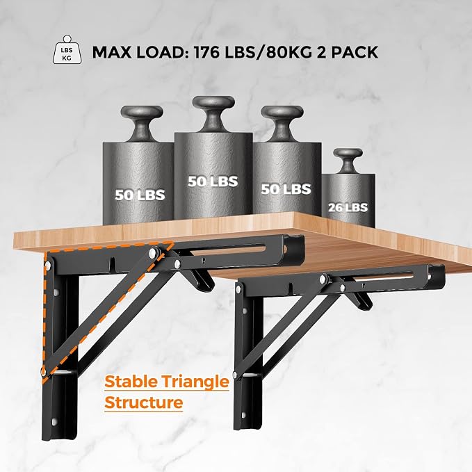 Ravinte Matte Black Folding Shelf Brackets, 12 Inch, 4 Pack | Collapsible Bracket Design, Table And Bench Support, Space-Saving Shelf Setup, For Worktops, Laundry Rooms, Garage Projects