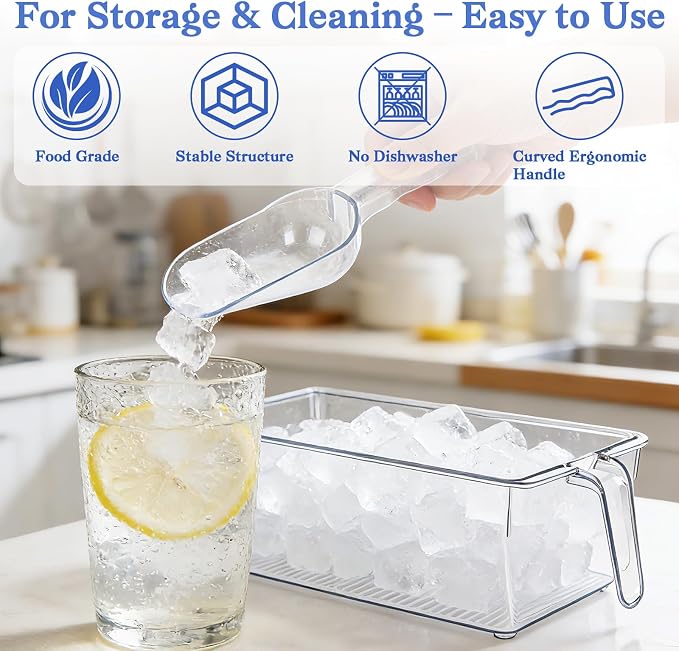 Clear Ice Bucket for Freezer, Ice Cube Storage Bin with Flexible Handle, and Ice Holder for Freezer, Scoop & Tongs Set, Fridge Container, Home Bar Organization