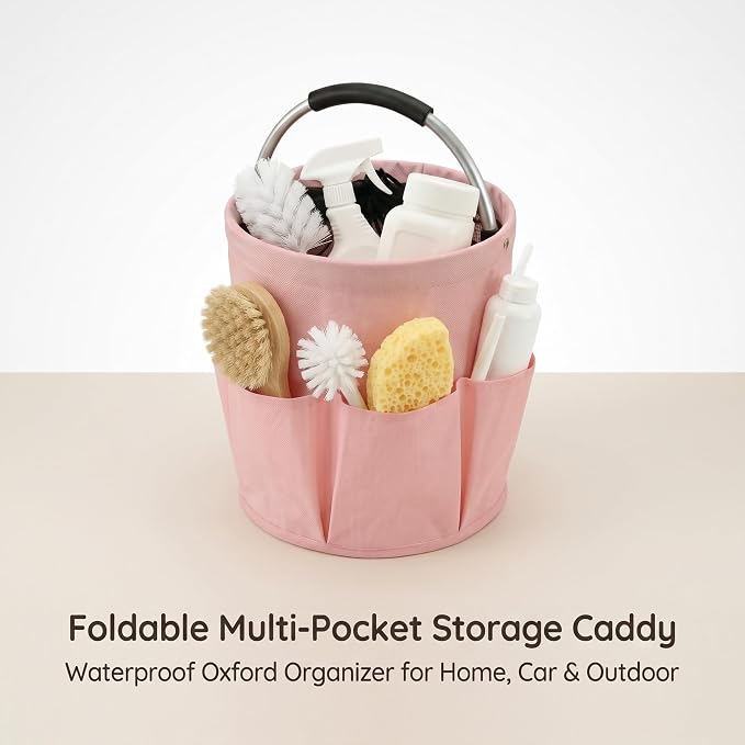 Pink Cleaning Caddy with Handle & Drawstring Top, 17L Foldable | Waterproof 600D Oxford Utility Caddy with 6 Pockets, Collapsible Cleaning Basket for Home, Garden, Dorm, Shower, Bathroom
