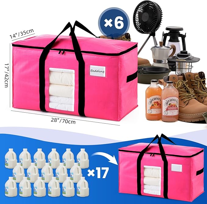 TAILI 6 Pack Pink Extra Large Moving Bags, Heavy Duty Totes with Visible Window, Wrap Around Handles, Space-Saving Storage Solution, Alternative to Moving Boxes