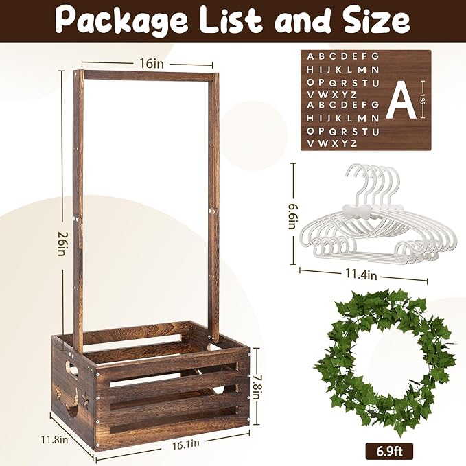 Large Baby Shower Gifts Basket Wooden Crate, Personalized Wooden Letters Hangers New Born Baby Girl Boy Gifts Vine Decorations Closet with Adjustable Handle Pregnancy Gifts for New Mom Parents Brown