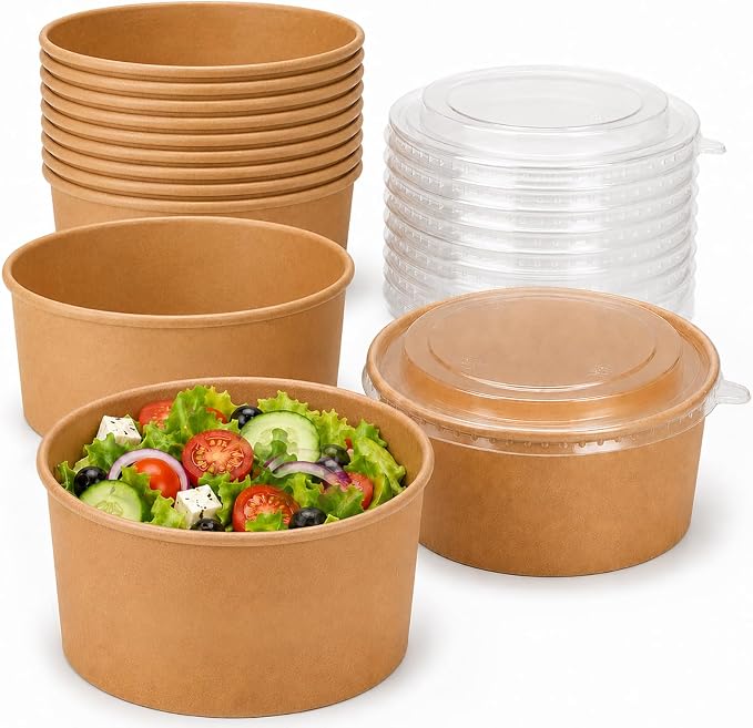 50pks 34oz Disposable Meal Prep Containers, Disposable Bowls with Lids | Disposable kraft paper bowls with lids, Waterproof, Safe for hot & cold food, Perfect for catering, parties, lunch takeout