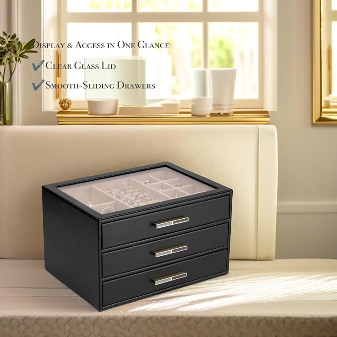 VLANDO 3-Drawer Jewelry Box with Glass Lid, Faux Leather Organizer for Rings Earrings Necklaces and More, Gift-Ready Jewelry Case for Women Girls or Moms, Black