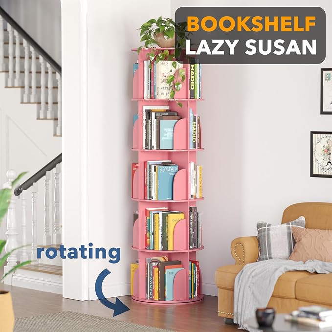 SpaceAid 5 Tier Rotating Bookshelf Tower, Spinning Bookcase Lazy Susan, Revolving 360 Book Shelf Storage Round Carousel, Vertical Rotate Turning Spiral Corner Organizer, Pink