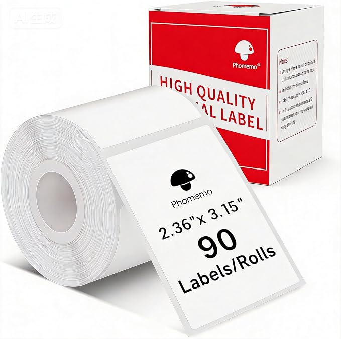 Phomemo Thermal Sticker Labels- 2.36"x 3.15"(60x80mm) Thermal Label for M221/M220/M250/M260, for Barcode/Address/Mailing/Logo/Business/Home Tag, 1 Roll, 90 PCS