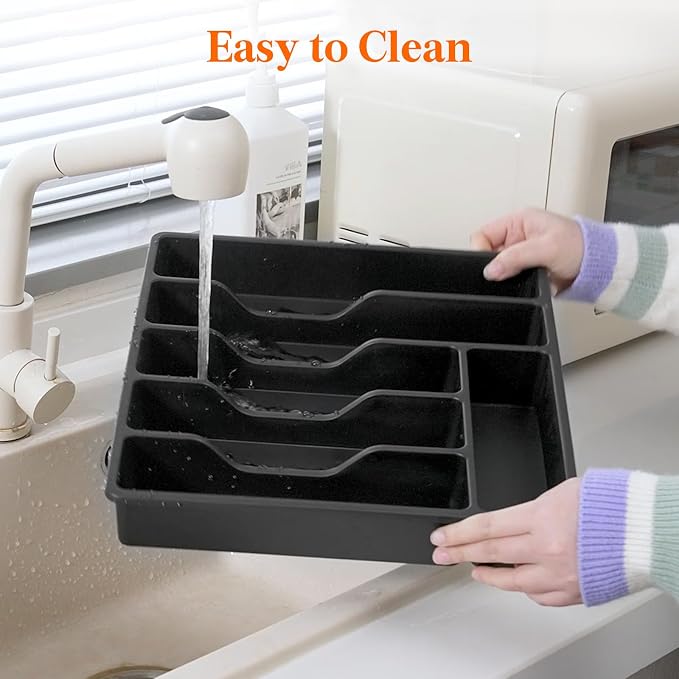 Lifewit Silverware Organizer with Lid, Covered Utensil Tray for Kitchen Drawer and Countertop, Plastic Cutlery and Flatware Storage Box for Spoons Forks Knives Holder Case, 12.6x11.8", Black