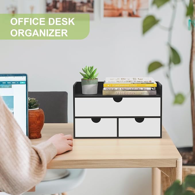 Bamboo Desk Organizer with Drawers, Desktop Storage for Office Supplies | 3 Drawers Desktop organizer, No Assembly Required, Natural Wood Wooden Desktop Drawers Box for Bills, Cosmetics, Seals, Paper
