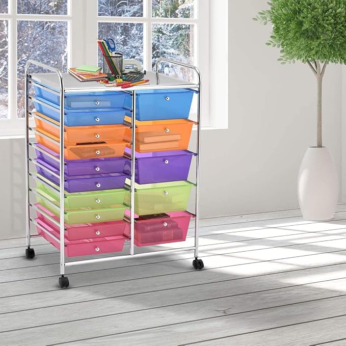Moccha 15-Drawer Rolling Storage Cart - Under Desk Storage Drawers with wheels for Craft Art Supply Paper Salon, Scrapbook Paper Tools, Mobile Utility Cart for Classroom (15 Drawers, Rainbow)