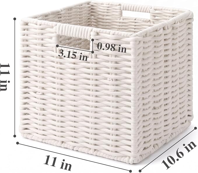 Cotton Rope Cube Storage Basket, 11 Inch Foldable Cubby Organizer Bins with Handles, Handwoven Square Basket for Organizing, Cube Closet Storage Bins for Shelves, Home Decor (White)