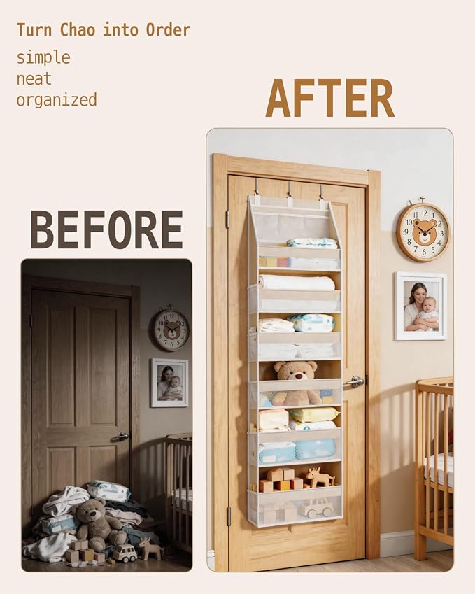 KMSCO Over The Door Organizer, 6 Large Pockets + 13 Mesh Side Pockets, Hanging Storage, 55lbs Capacity, Heavy Duty Non-Woven Fabric for Baby Nursery, Bathroom, Pantry, Closet, Beige, 2 Pack