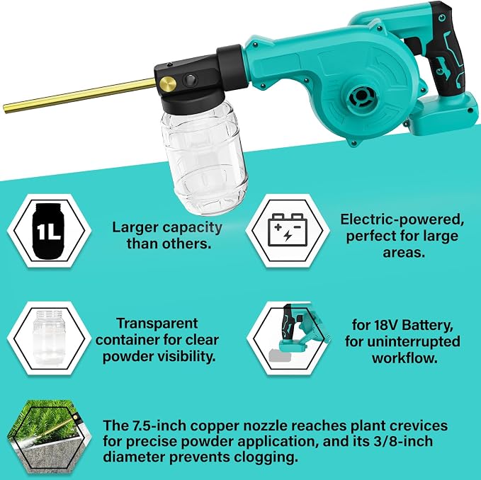 Dinftin Electric Diatomaceous Earth Duster Compatible for Makita 18V Battery(Battery Not Included), Garden Dust Applicator with 1L Capacity and 7.5" Nozzle, Versatile Leaf Blower & Powder Sprayer