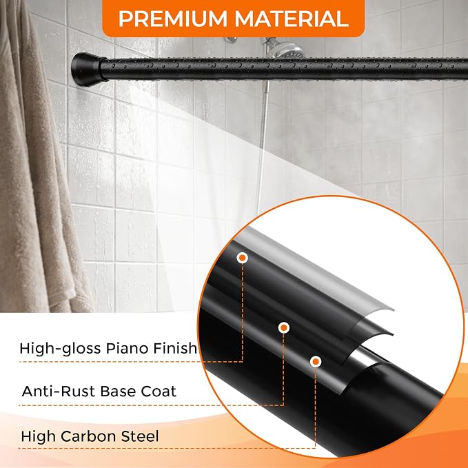 2Pack Tension Curtain Rod for Window 30 to 64 Inch 7/8" Diameter Adjustable Spring Loaded Curtain Rods No Drilling Black Tension Rods for Doorway Closet Door Kitchen Bathroom