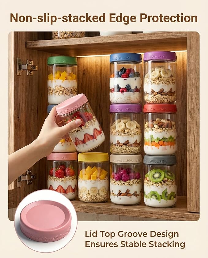 18oz 8Pack Glass Overnight Oats Jars Containers with Airtight Leakproof Lids, Reusable Mason Jars for Meal Prep, Yogurt Parfaits, Smoothies, Salads & Healthy Breakfasts(18oz-8Pack)