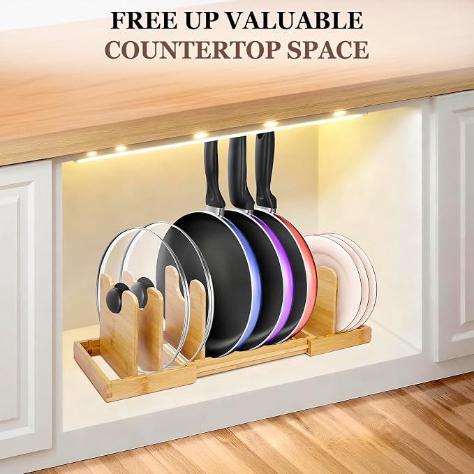 Bamboo Expandable Pot Lid Organizer, Pots and Pans Holder Rack for Cabinet | 8pcs Removable Dividers, Customized Storage, Space-saving, FSC-certified Bamboo, No Assembly