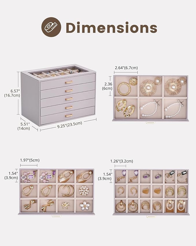 Lolalet Earring Organizer, Jewelry Box with Clear Lid -Purple, 5 Layer | PU Leather, Velvet, Removable Dividers, Dustproof, Easy Clean, For Studs Rings, Gift for Women Girls, Home Aesthetic Decor