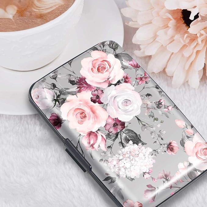 Coco Rossi Credit Card Holder RFID Aluminum Small Mini Wallet Women | Metal Wallet, Business Cards Holder, ID Case, Slim Sleeves, Womens Girls Gift, Carry Proof Wallets for Travel, Grey Flower