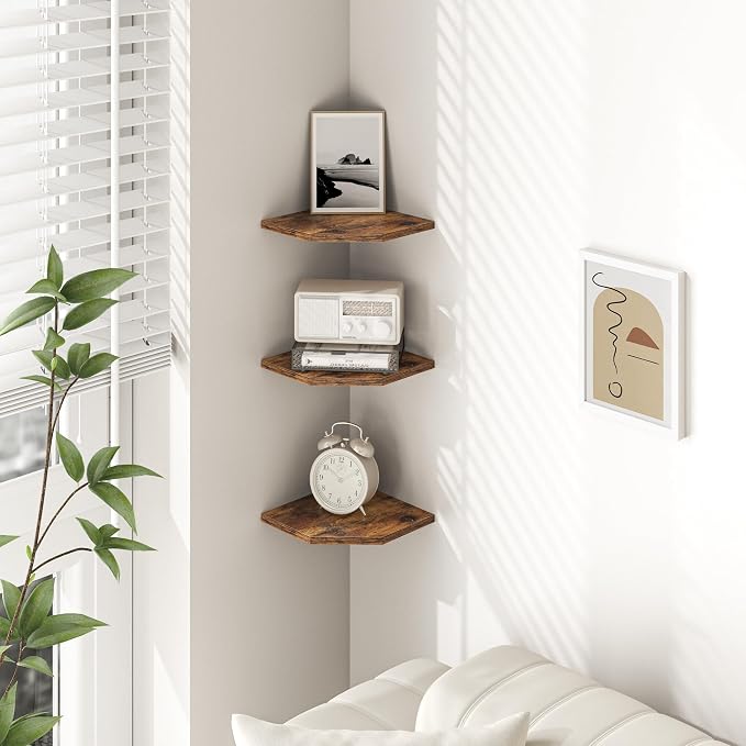 Fun Memories Corner Shelf Wall Mount, Floating Corner Shelves, Set of 6 Corner Wall Shelf Organizer, Rustic Wood Wall Storage Display Shelves for Living Room Bedroom Bathroom Kitchen, Rustic Brown