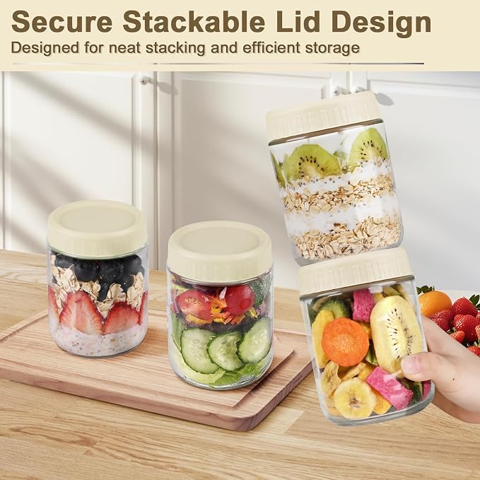 Overnight Oats Containers with Lids, 16oz Wide Mouth Mason Jars with Lids, 3 Pack Glass Jars with Airtight lid for Chia Pudding Yogurt Salad, Meal Prer Oatmeal Jars, Yellow